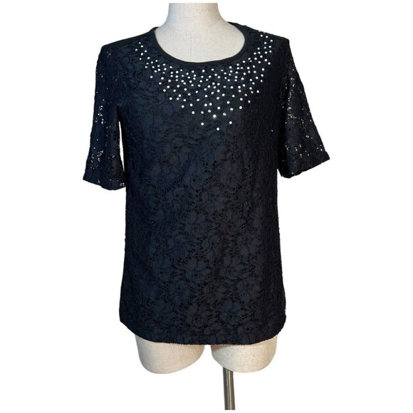 Women’s Quacker Factory Lace Black T Shirt Top Embellished Size S Faux Pearl - Picture 2 of 6